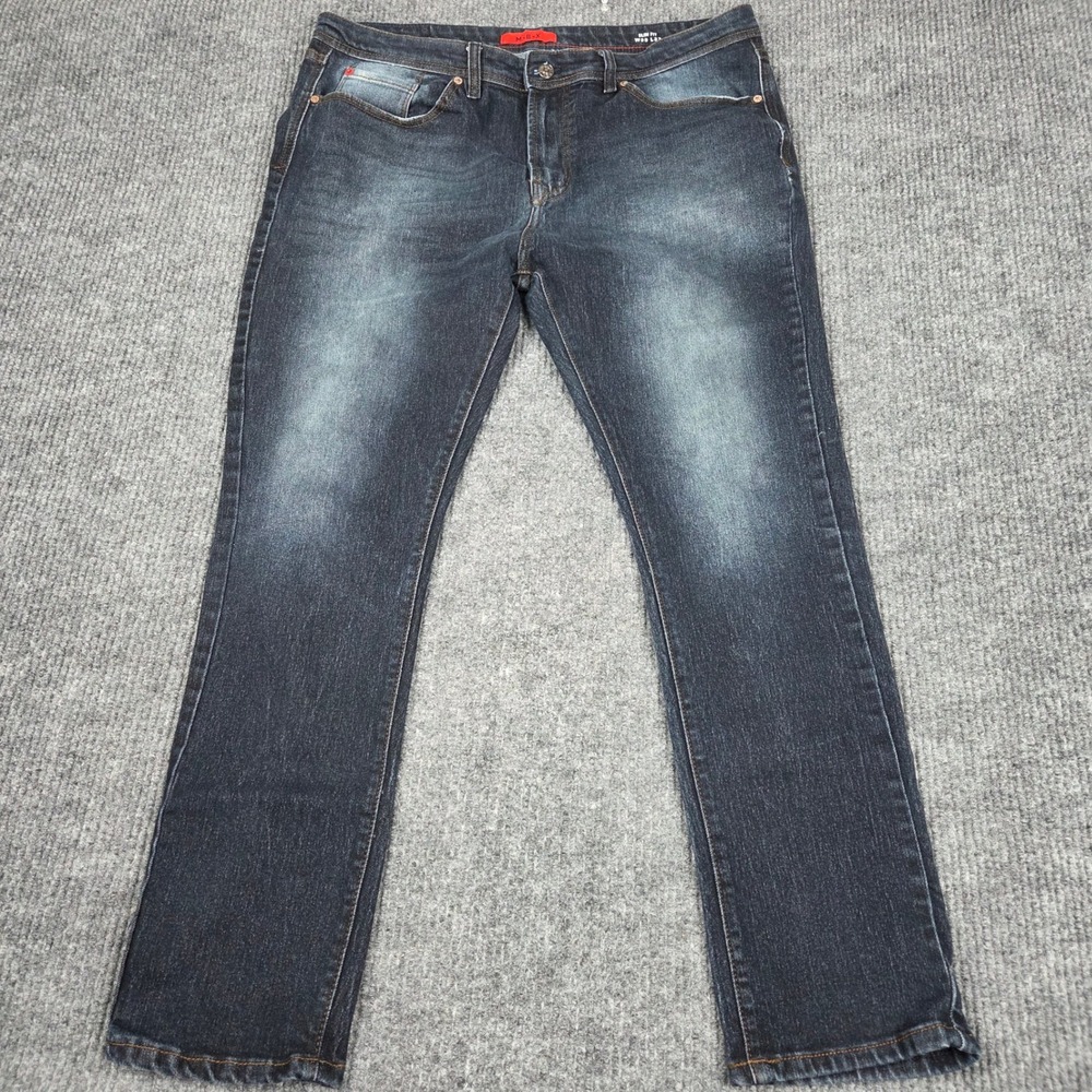 MBX Slim Fit Dark‎ Wash Jeans Mens 38x32 Blue Denim Faded Whiskering